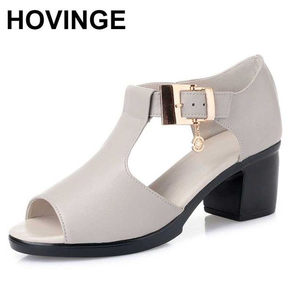 

hovinge women genuine leather sandals 2020 summer fashion style female sandals solid casual concise lady med heel shoes, Black
