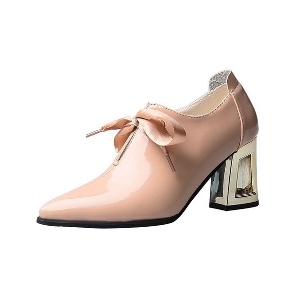 

deep mouth single shoes women thick heel high heels pointed toe lace-up women's shoes fashion working small leather, Black
