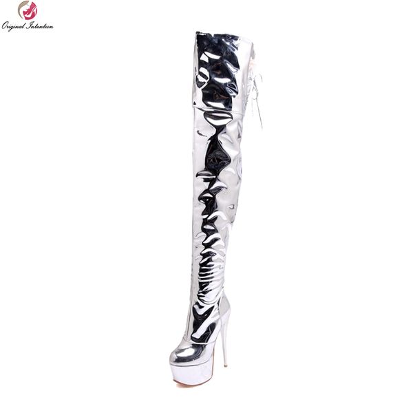 

original intention fashion women thigh high boots elegant round toe thin high heels boots silver shoes woman plus us size 3-16, Black