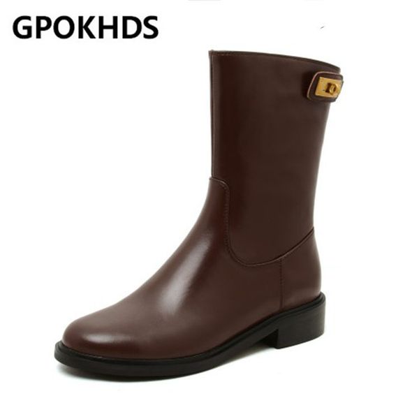 

gpokhds 2021 women ankle boots cow leather zippers metal decoration boots winter short plush round toe high heels women, Black