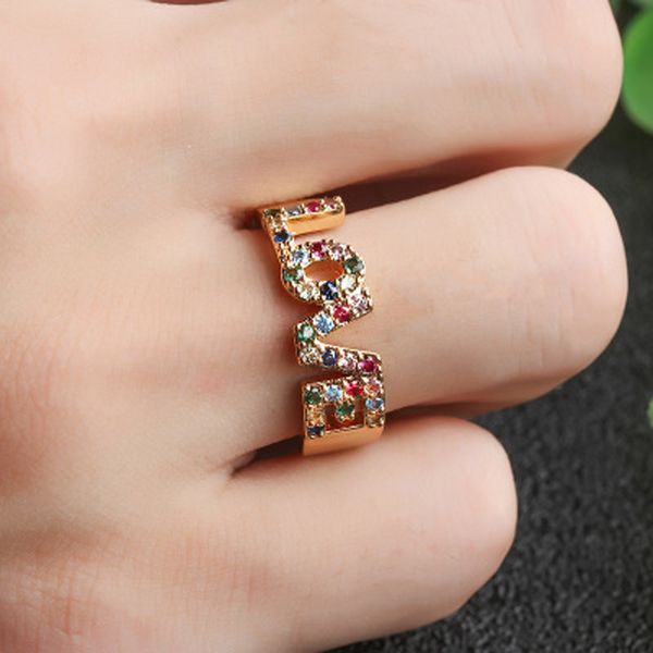 

wedding rings 2021 fashion selling creative color zircon letter love copper geometric ring luxury hollow women exquisite jewelry, Slivery;golden