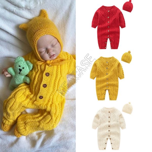 

kids clothes baby romper one-piece long sleeve sweater hat button sweater two pieces set autumn winter children clothing boutique d82407, White
