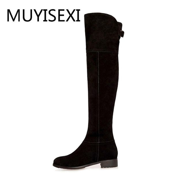 

over the knee boots black full genuine leather round toe square heel women winter shoes thigh high boots zipper lih02 muyisexi