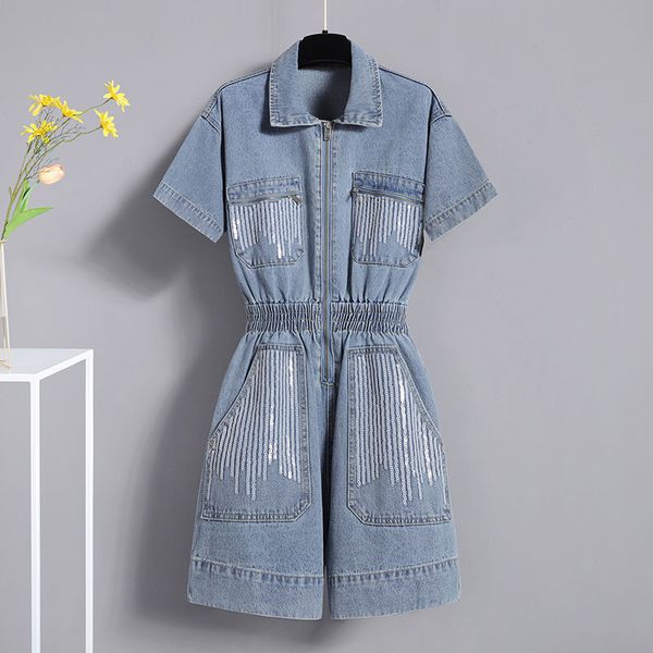 

cocoepps 4xl summer plus size denim playsuit woman large size zipper short jumpsuit rompers casual slim denim playsuits overalls, Black;white
