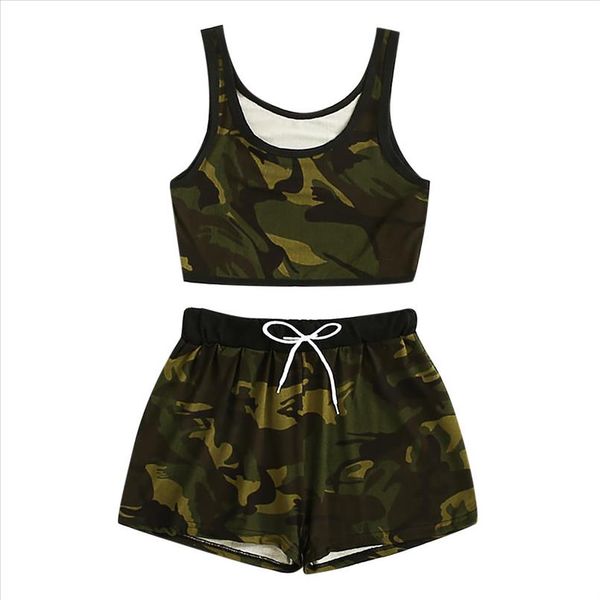 

jaycosin women set clothes camouflage two piece set vest and drawstring short pants summer casual matching sets 2019, Gray
