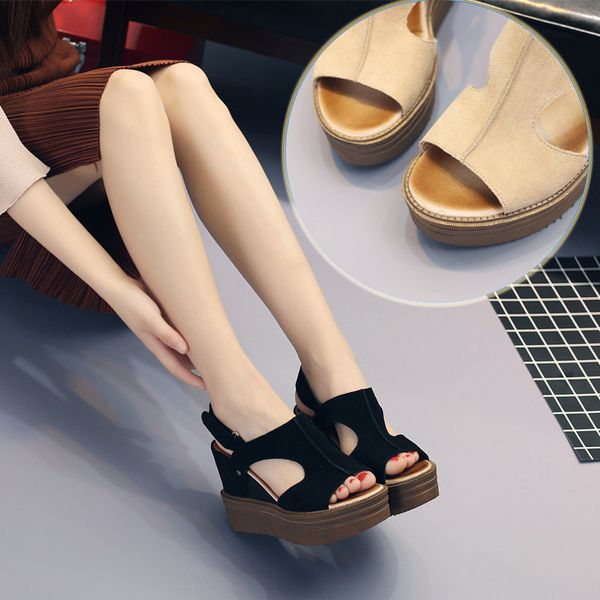 

peep toe fashion ethnic platform wedges women sandals basic solid women shoes super high back strap casual hook loop sandals, Black