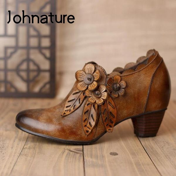 

johnature high heels genuine leather pumps women shoes 2020 new autumn zip retro casual round toe flower handmade ladies shoes, Black