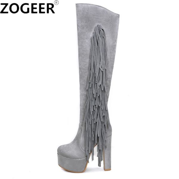 

flock leather women knee high boots fashion fringe high heels boots lady platform party evening fetish shoes woman large size, Black