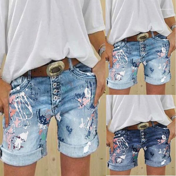 

button pencil pants fashion style female clothing summer women designer short jeans painted printed mid waist, Blue