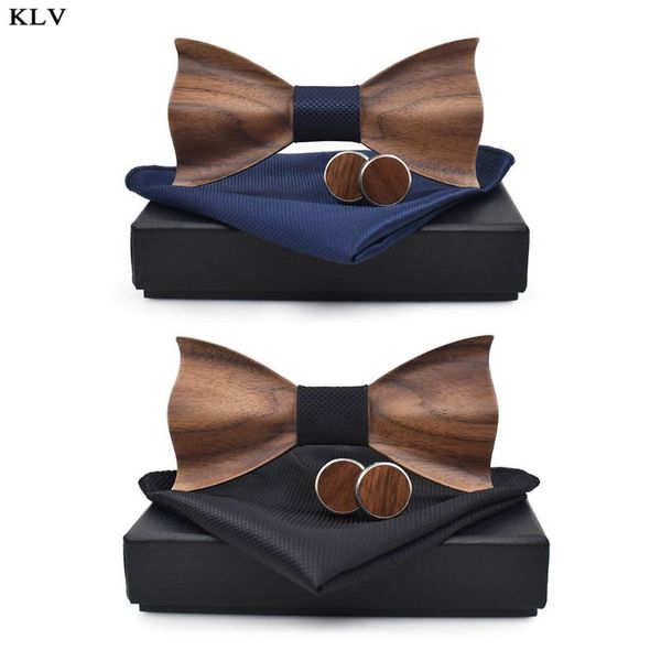 

classic 3d black walnut wooden bowtie handkerchief cufflinks gift box wedding party, Black;gray