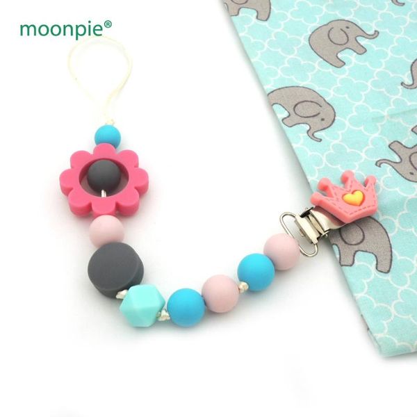 

pacifiers# pink and teal color silicone beads baby crown pacifier clips, infant chain soother teether gift bsp27