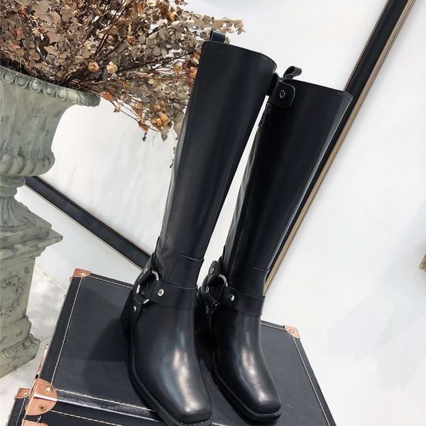 

knee high boots women genuine leather long boots woman thick heel brand women black botas mujer heels