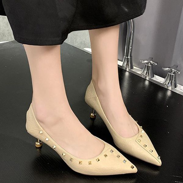 

rimocy autumn pointed toe thin heels shoes for women shallow mouth rivet slip-on pumps woman pu leather party shoes mujer, Black