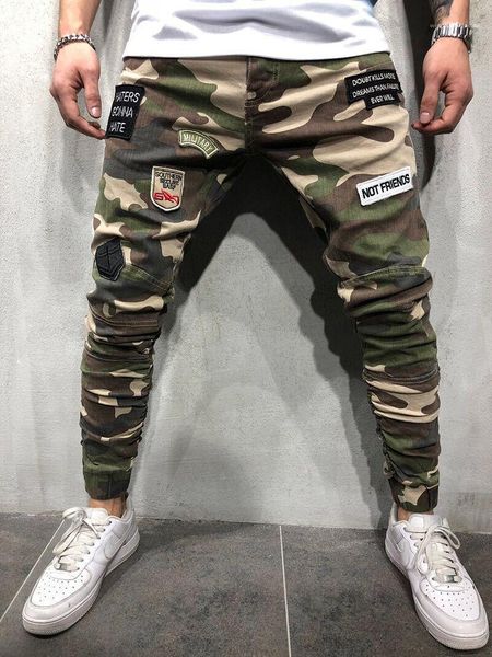 

mens long stretch jeans patches mens pencil pants fashion cool army green mens trousers camouflage skinny, Blue