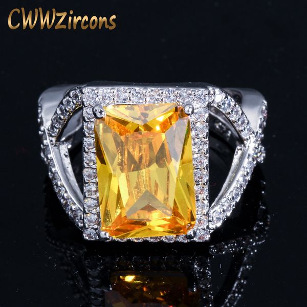 

cwwzircons elegant princess cut solitaire female big yellow crystal wedding band jewelry ring with cubic zirconia stones r019, Golden;silver