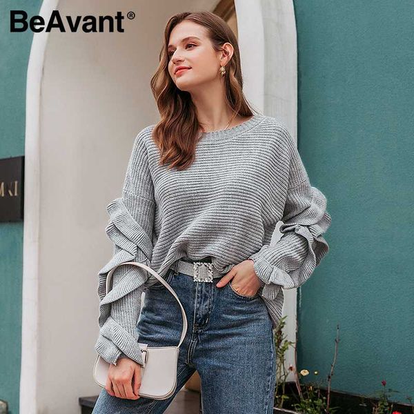 

beavant elegant o-neck autumn winter women sweater office lady off shoulder jumper causal ruffle long sleeve pullover 2020, White;black
