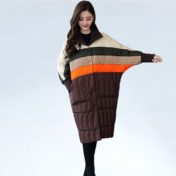 

original design 2019 winter coat turtleneck batwing sleeve multi colored patchwork oversized long white duck down jacket women, Black;white