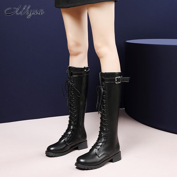 

boots 2021 winter women's fashion lace-up square-heel pu round toe mid-heel warm mid-calf zapatos de mujer, Black