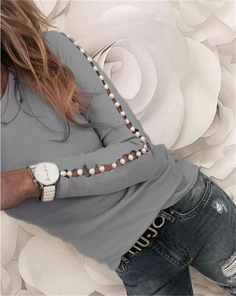 

pearl panelled hollow out casual natural color long sleeve skinny tshirts womens style tshirts fashion, White