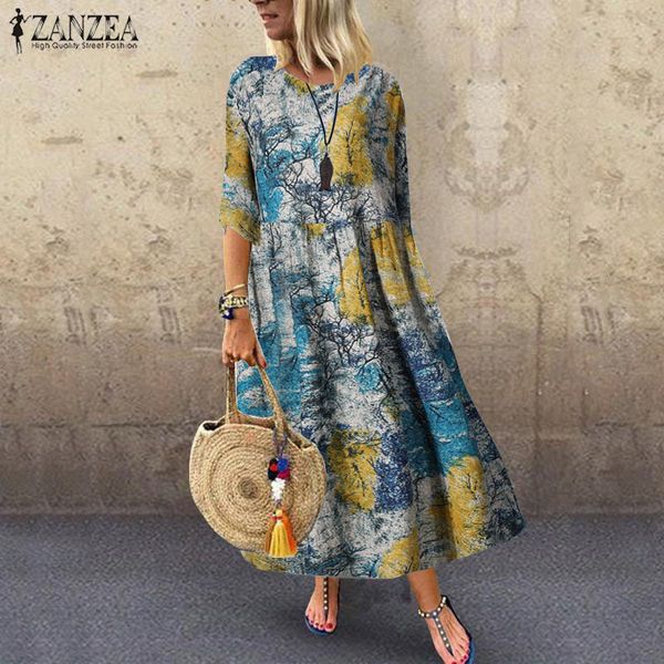 

zanze-women's casual vintage floral dress, printed summer dress for beach and party, female caftan half sleeve cotton and linen, Black;gray