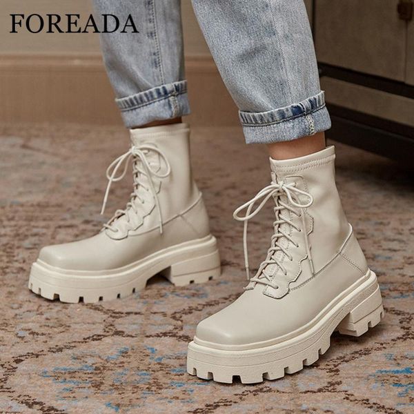 

foreada square toe high heel woman boots real leather ankle boots lace up short platform thick heel ladies shoes beige 39, Black