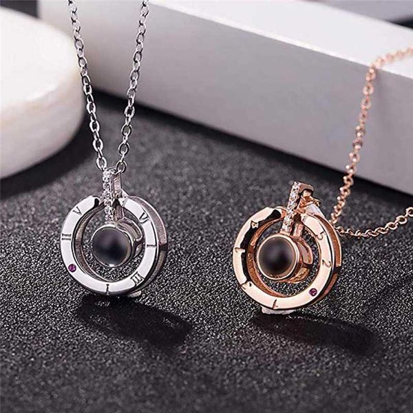 

i love you in 100 languages necklace microscopic carvings light projected pendant necklace for lover fashion jewelry gifts, Silver