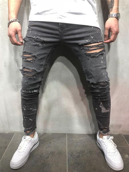 

skinny mens pencil pants casual males clothing irregular hole panelled mens designer jeans fashion drape washed, Blue