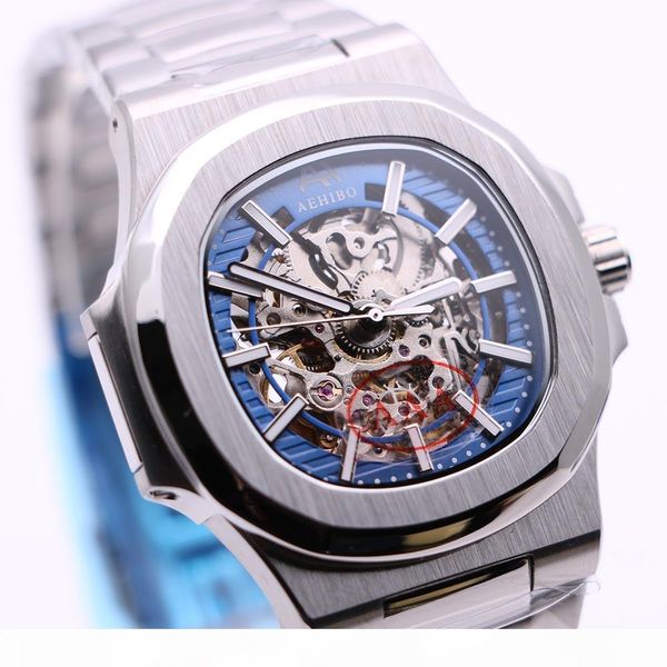 

aehibo transparent automatic movement 42mm skeleton blue dial sapphire crystal mens watches hollow back watch stainless steel wristwatches, Slivery;brown