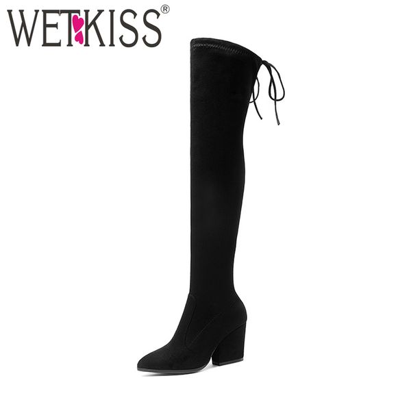 

wetkiss 2020 fashion trend women stretch thigh high boot thick high heels lady winter shoes female lace over knee boot big, Black