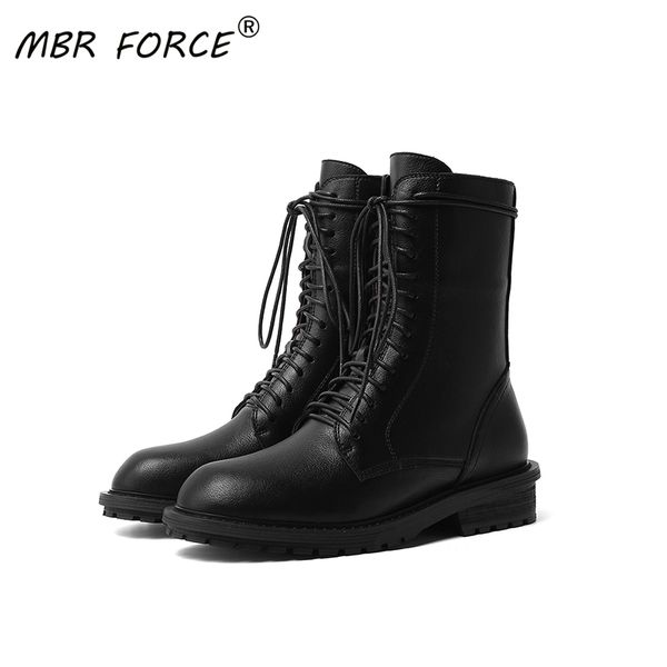 

mbr force women's leather lace-up flat shoes warm autumn and winter plush short boots motorcycle boots shoes women, Black