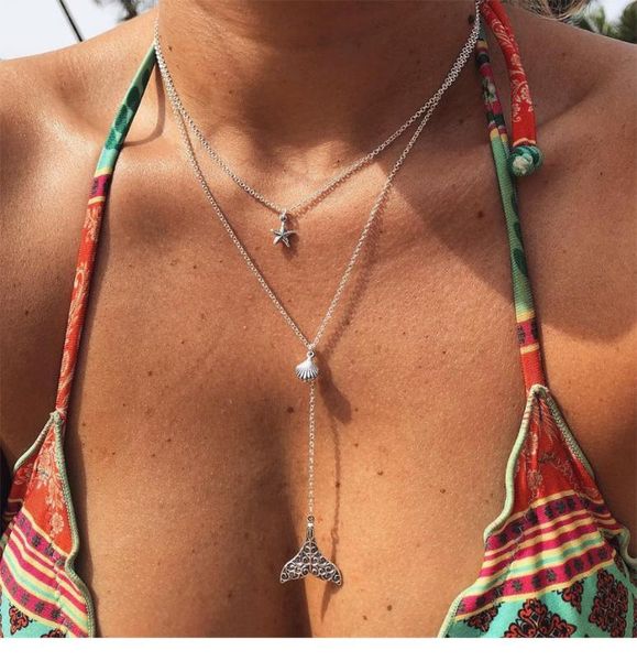 

selling starfish and scallop fishtail multi-layer necklace short clavicle chain female ladies necklace, Silver