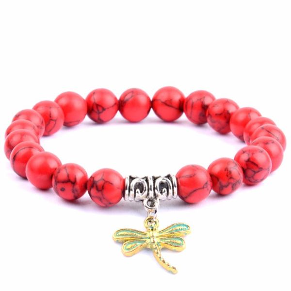 

vintage red turquoises stone beaded bracelets men wristband dragonfly animal charm bangles for women jewelry father's day gift, Black
