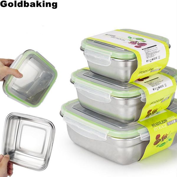 

3 pieces stainless steel food containers food storage box square lunch box 400/750/1200ml cl200920