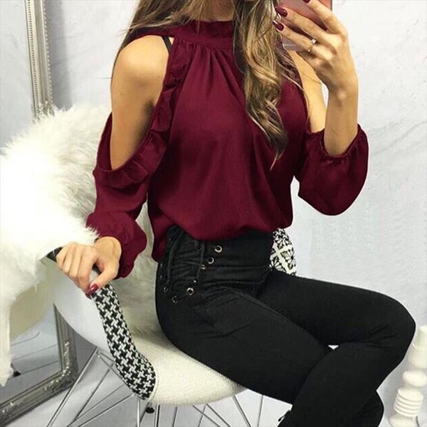 

2020 new women fashion open shoulder blouse summer long sleeve ruffle burgundy pink shirt casual loose blouse blusas, White