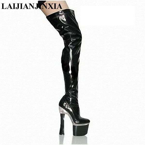 

laijianjinxia 18cm ultra high heels boots platform leather  inch over the knee boots plus big size thigh high women's, Black