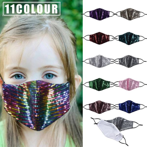 Kids Moda 11 Cores Bling Bling Lantejoulas Máscara protetora PM2.5 Dustproof Children Máscaras de boca lavável Máscara facial criança reutilizável