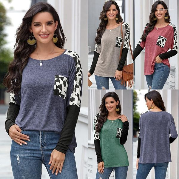 

knitting tees fashion panelled with packet famale clothing womens designer long sleeve tshirt crew neck leopard print, White