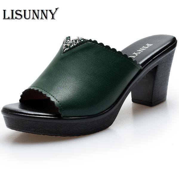 

lisunny 2020 genuine leather sandals ladies high heels non-slip comfortable mother slippers summer large size open toe flip flop, Black