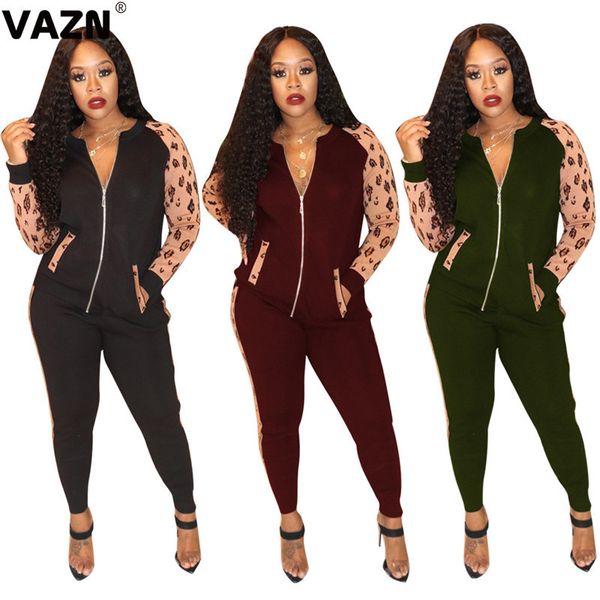 

vazn 2020 autumn women 2-piece casual long set full sleeve zipeer pouch coats pencil pants set spandex breathable sport set x0923, Gray