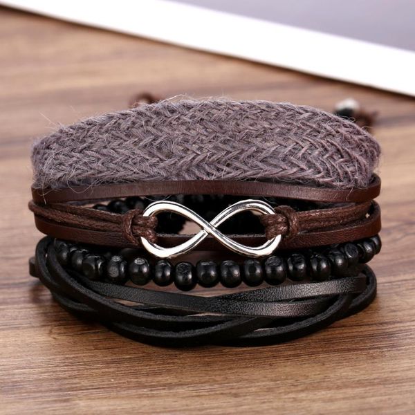 

european and american fashion black men's leather bracelet creative rope woven lucky number 8 bracelet set 3 piece set, Golden;silver