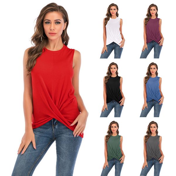 

fashion 2020 spring foreign trade urban casual pullover round neck slim sleeveless pleated stitching womens t-shirt, White