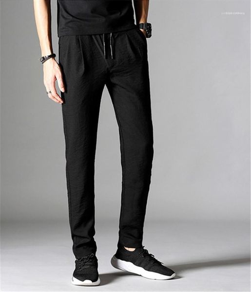 

mens trousers fashion solid colors loose pants sports pencil pantalones male flax pants designer, Black