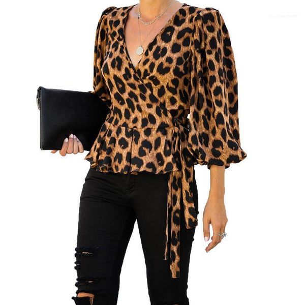 

womens leopard printed tshirts peplum deep v belt female three quarter lantern sleeve ladies clothing spring, White