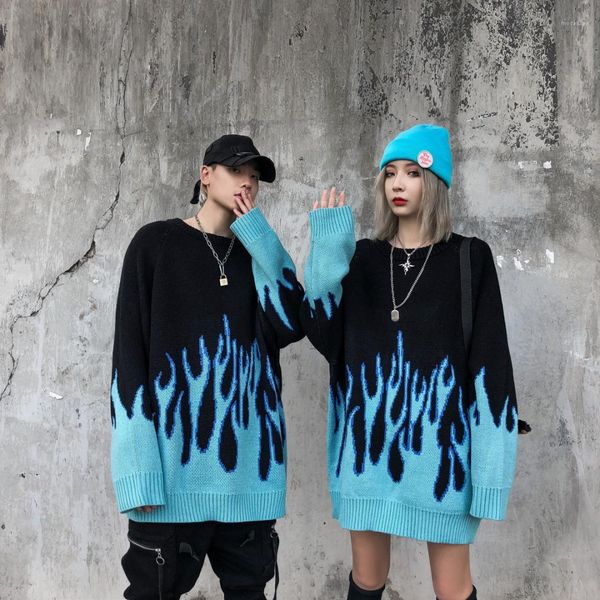 

mens конструктора свитер ретро flame pattern hip hop негабаритная пара повседневного мужских свитера dropshipping осень зима, White;black