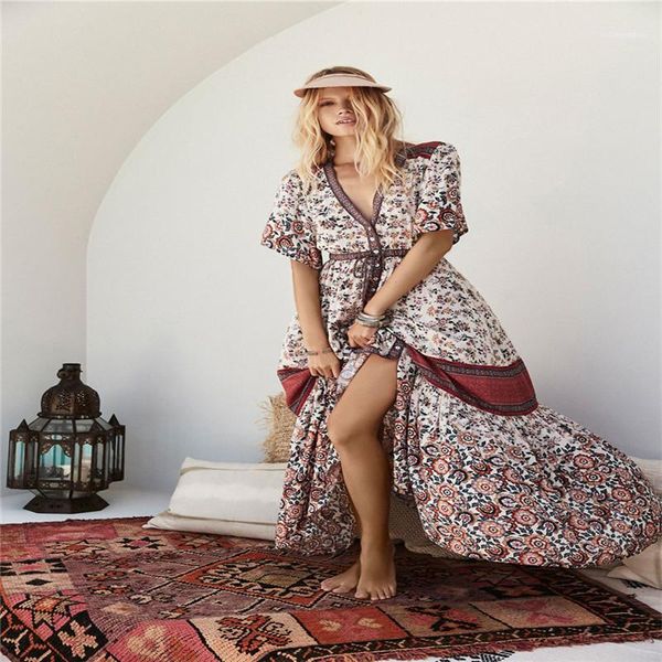 

floral print dresses fashion button clothing womens casual ankle length apparel womens designer bohemian dresses v neck, Black;gray