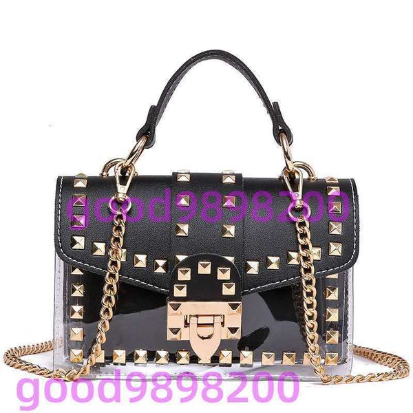 

small clear woman 2020 new fashion messenger bag chains shoulder bag female rivets transparent square pu handbag