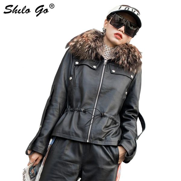 

genuine leather jacket real fur collar drawstring waist zip jacket coats women winter highstreet thermal padded outwear coat, Black