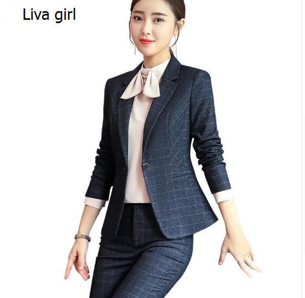 

new fashion plaid pants suit women temperament business interview long sleeve blazer and pant office ladies plus size work wear, White