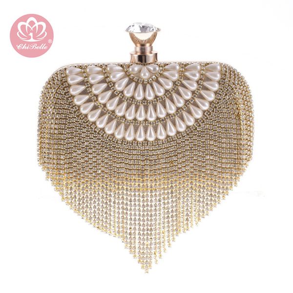

chi belle bling shining diamond crystal white pearl tassels evening clutch bag personal design luxury high elegant handbag