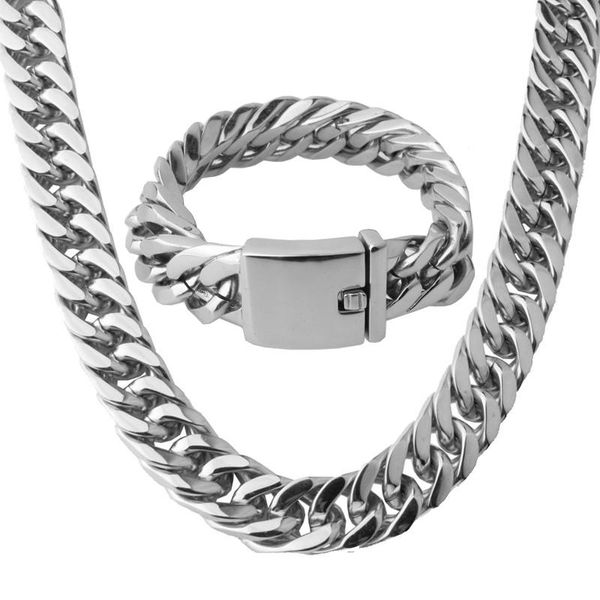 

17mm cool new 316l stainless steel silver handmade cuban curb link chain men's boys necklace 24" and bracelet 8.66" jewelry1